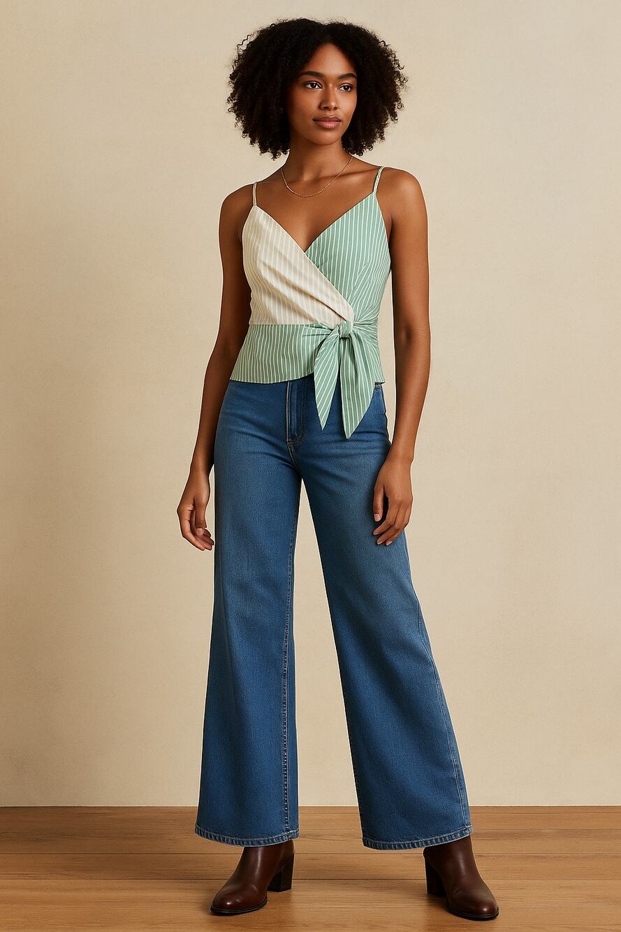 Anthropologie Mare Mare Green Striped V Neck Wrap Tank Size Large